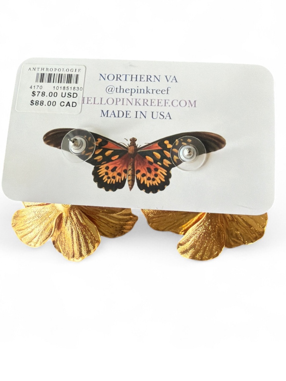 Anthropologie Coral Petal Floral Earrings Mint Crystal Centers The Pink Reef NEW - Picture 3 of 4